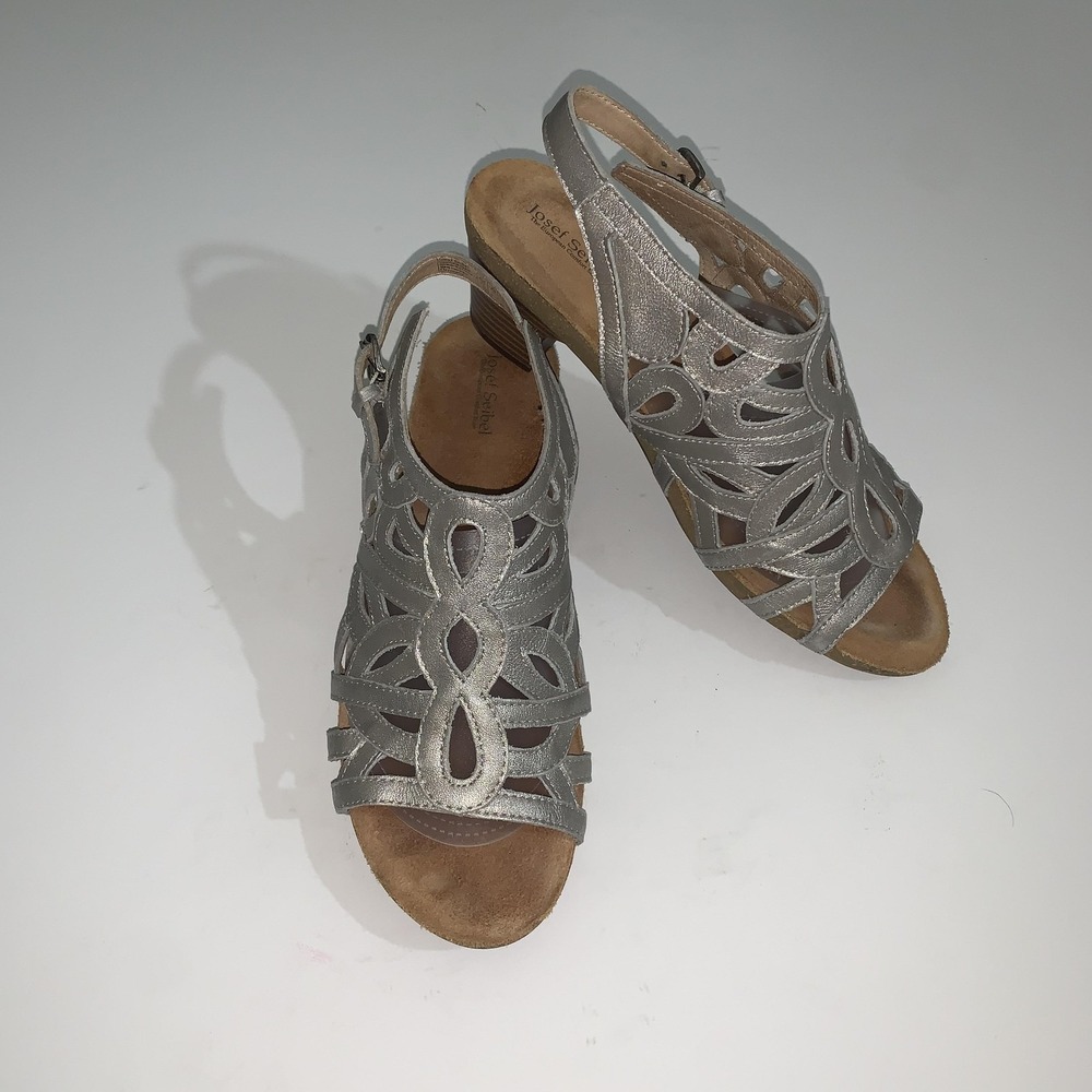 Josef Seibel Sandals Womens Size 11 Silver Leather Slingback Cutout Comfort